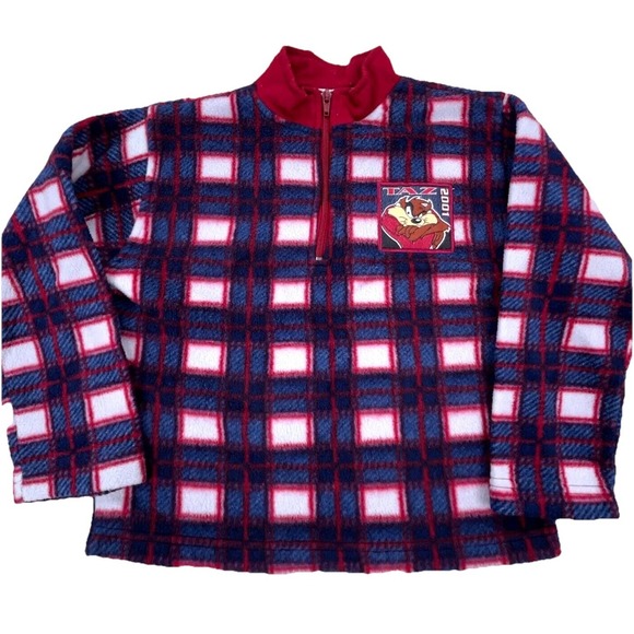 Looney Tunes Mania Other - Vintage Looney Tunes Sweater Boys 7 Blue Red Plaid Fleece Jacket Youth Taz Y2K